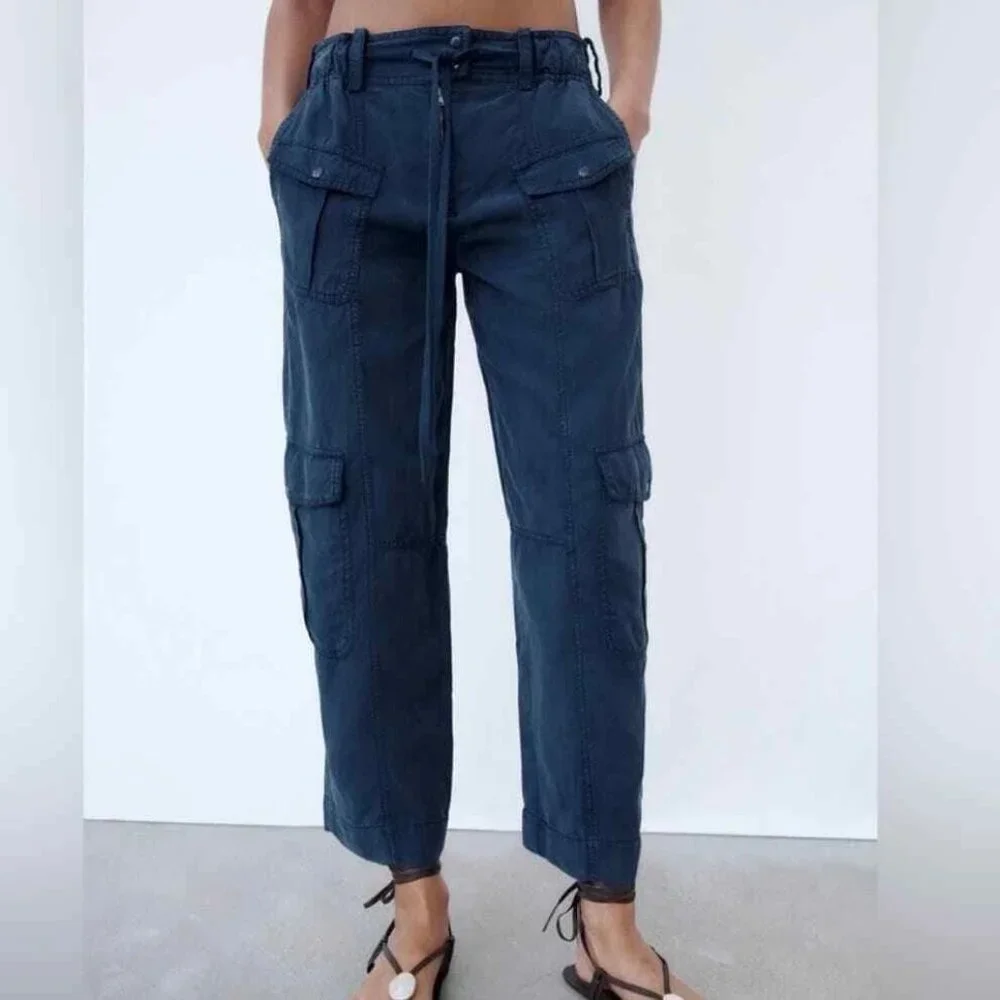 Zara Cropped Cargo Pants Womens Size Small Blue Lyocell Linen‎ Blend Altered Hem